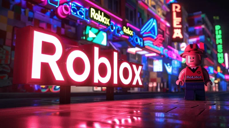 Glowing Roblox sign in a neon-lit city with a Roblox-style character in the foreground
